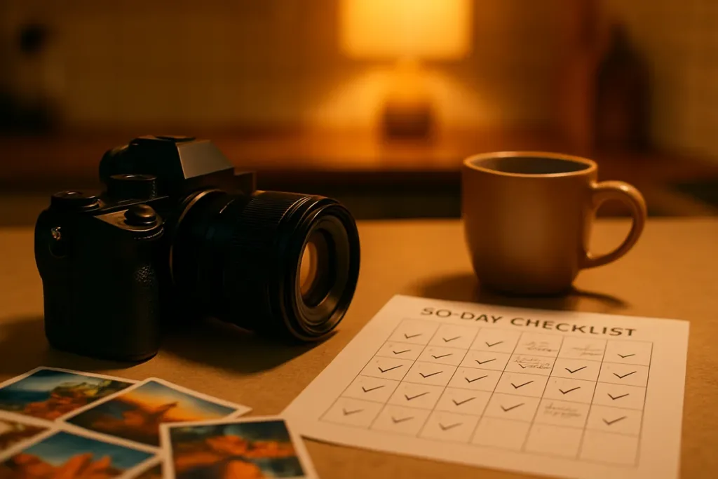 Camera and printed calendar checklist for a 30 day photography challenge on a kitchen counter
