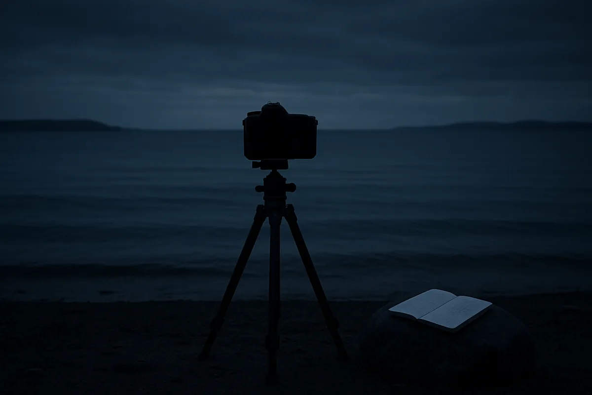 Tripod and camera set up on a waterfront during a 30 day photography challenge photo session