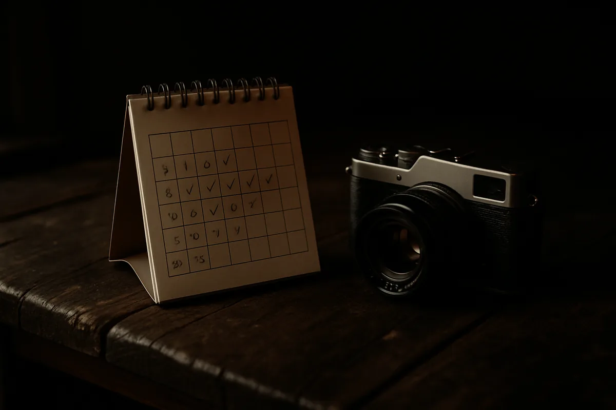 Calendar tracking daily progress in a 365 photography project beside a camera on a wooden table