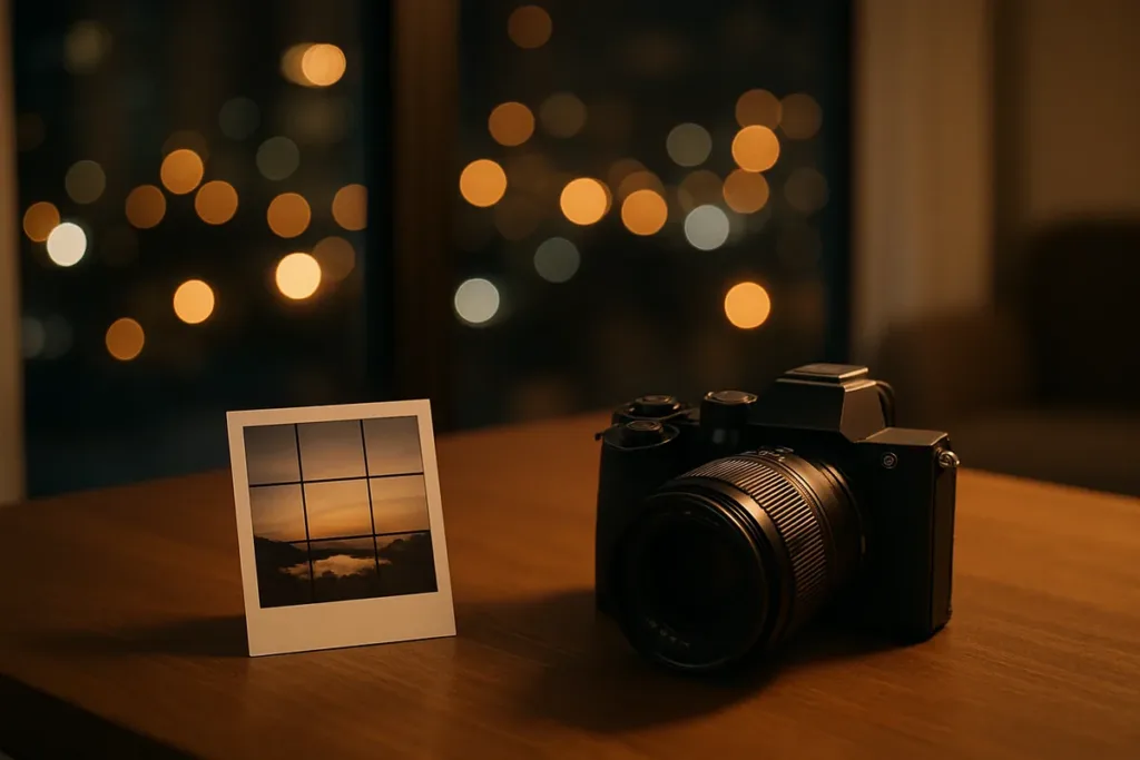 Camera resting on a table during a 7-day photography challenge to practice composition at night