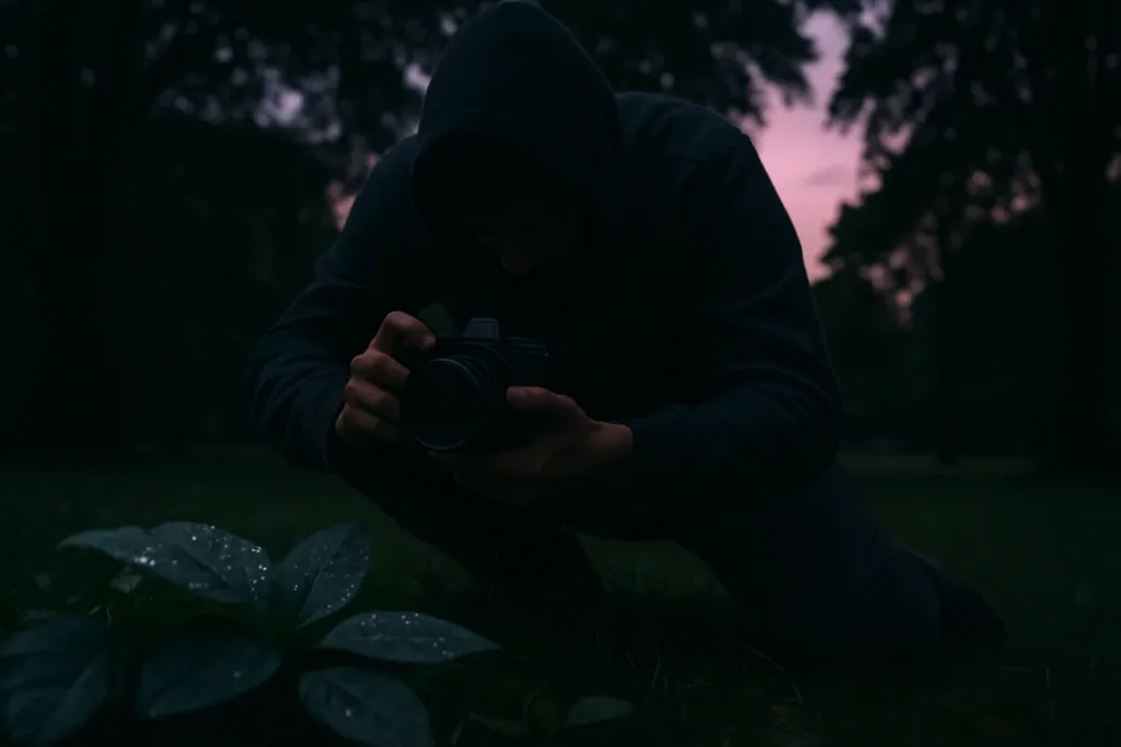Photographer practicing abstract photography by shooting dew-covered leaves in a dim park at dusk