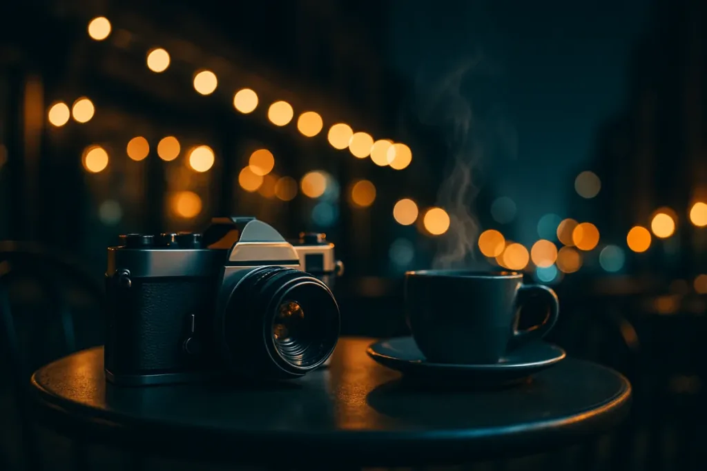 Camera on a café table at night showing the best time for travel photography during blue hour