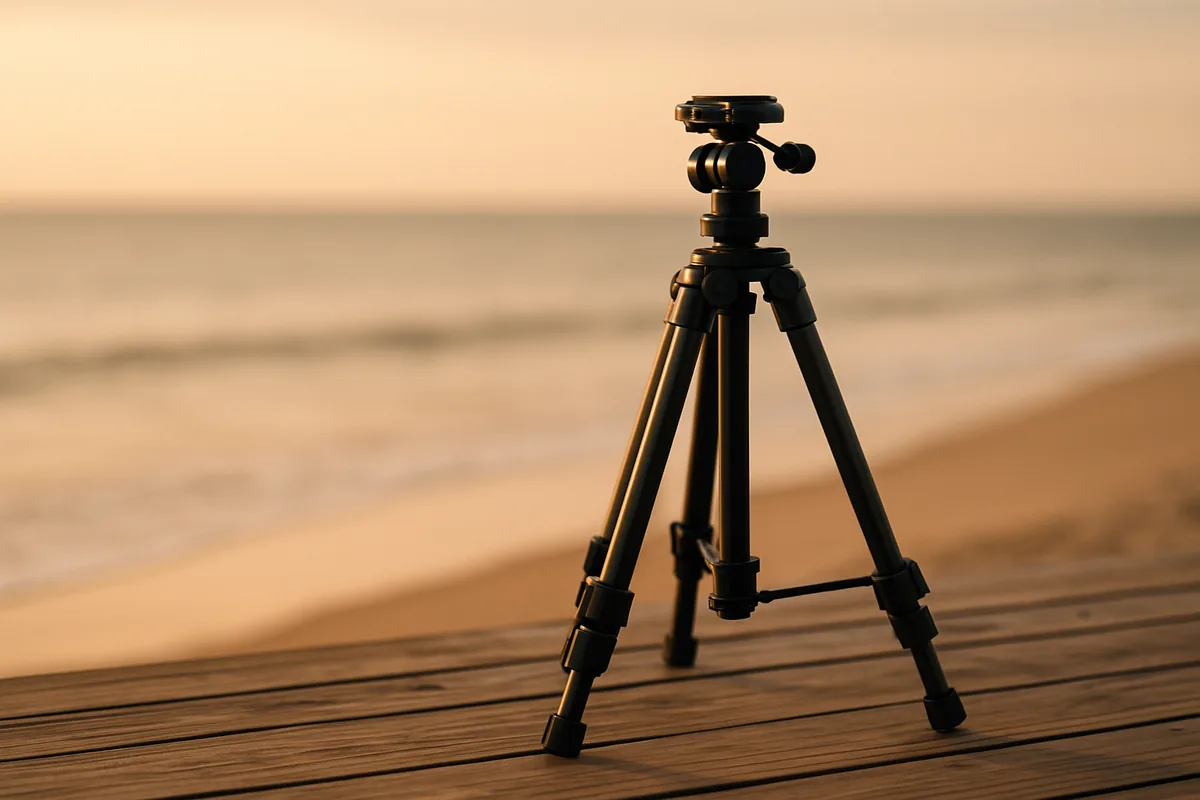 Tripod set up on a beach pier at golden hour, illustrating the best time for travel photography