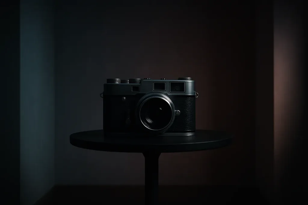 Vintage camera symbolizing candid travel photography on a pastel-toned table in low-key light