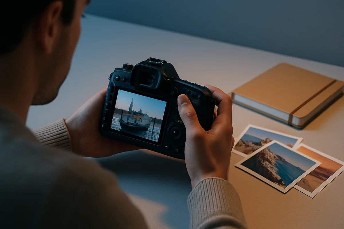 Candid Travel Photography: Capturing Authentic Moments Photographer reviewing candid travel photography shots on a camera screen at a warm-toned table