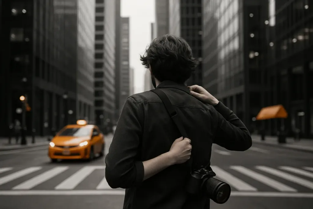 Photographer adjusting camera strap on a city street, representing city photography in an urban downtown setting