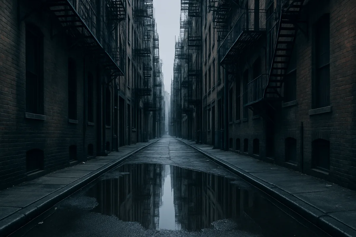 Narrow city alley with converging lines, a classic composition example in city photography