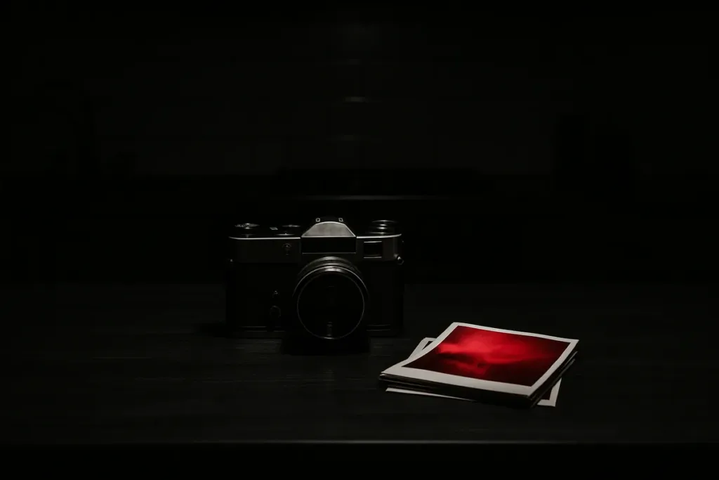 Monochrome kitchen counter scene highlighting one red photo to show color photography impact