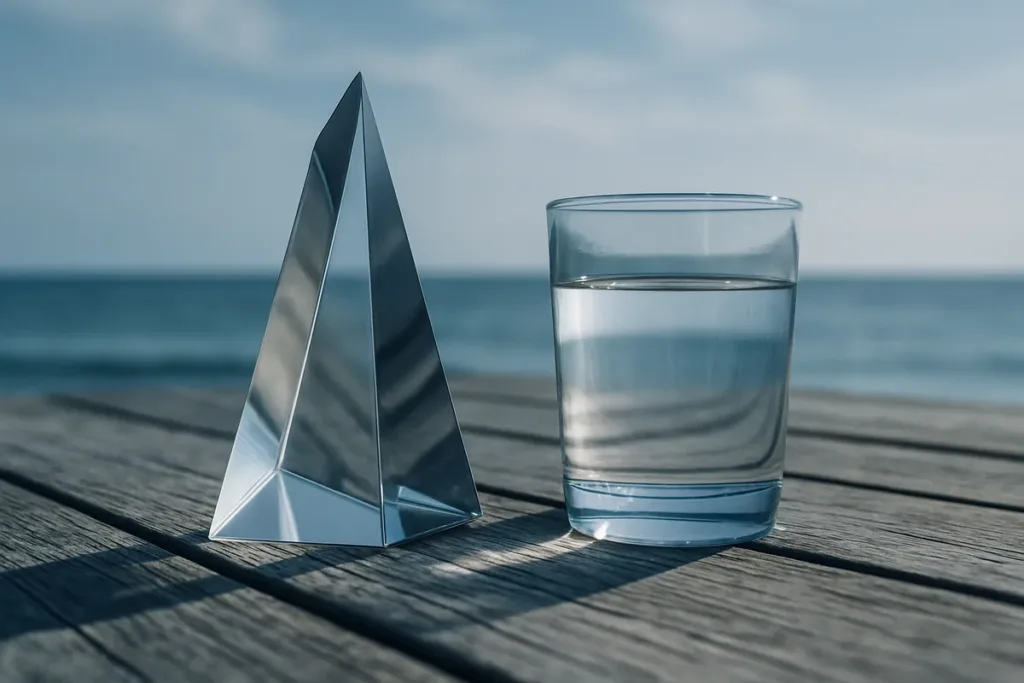 Low-angle creative photography setup with a prism and glass of water on a waterfront deck