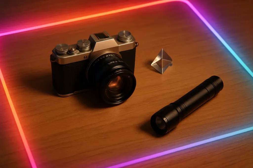 Camera and props arranged for creative photography ideas on a minimal studio tabletop