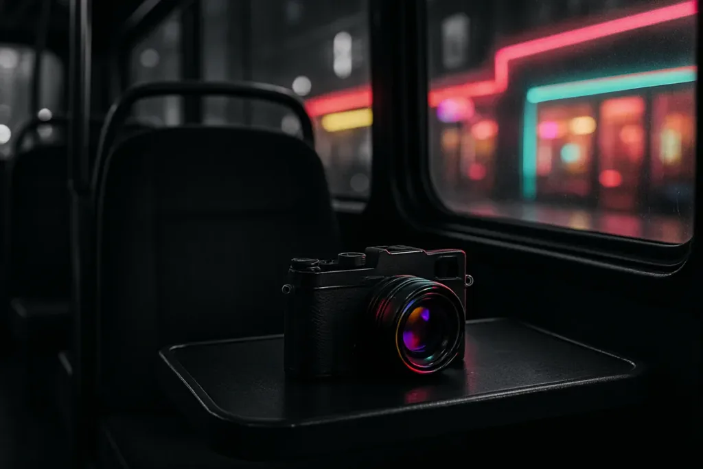 Camera resting on a bus tray table with neon light reflections, illustrating creative photography of ordinary scenes