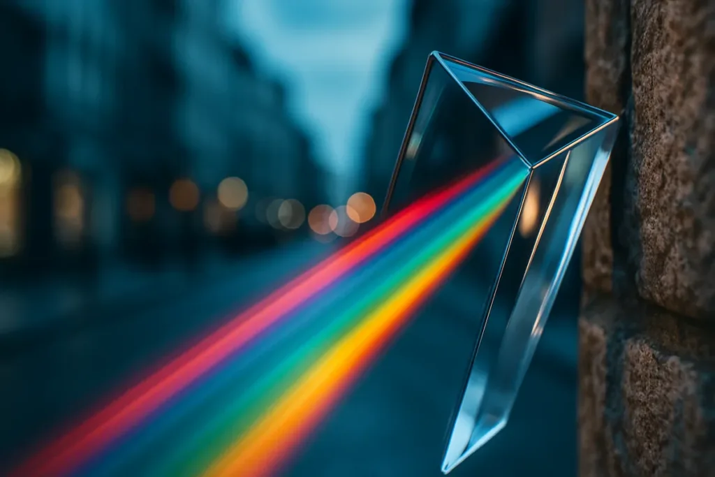 Glass prism refracting rainbow light on a city street, demonstrating creative photography techniques with color