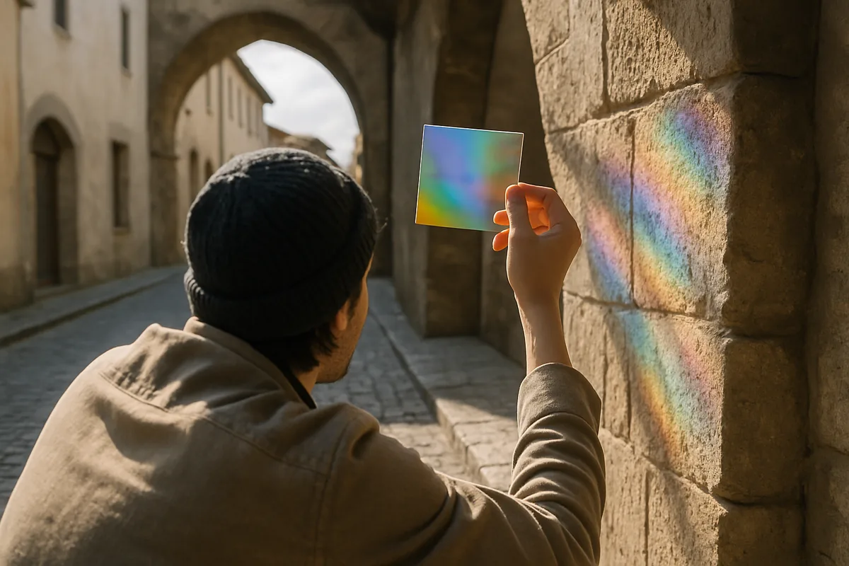 Photographer testing a color gel filter in daylight, practicing creative photography techniques with light
