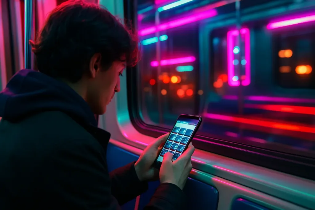 Person reviewing how to fix dark photos on a smartphone while riding a train at night