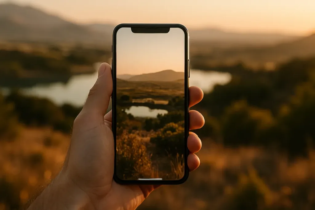 Person using iPhone photography techniques to capture a golden hour landscape