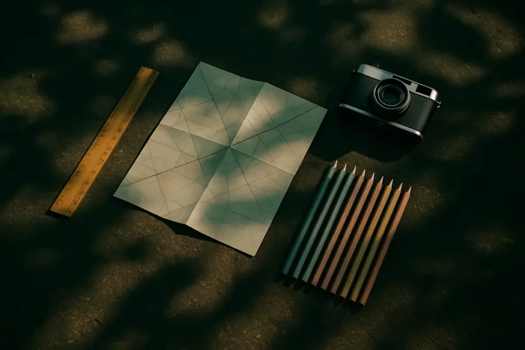 Flat lay of camera and diagonal tools illustrating leading lines photography composition in a garden