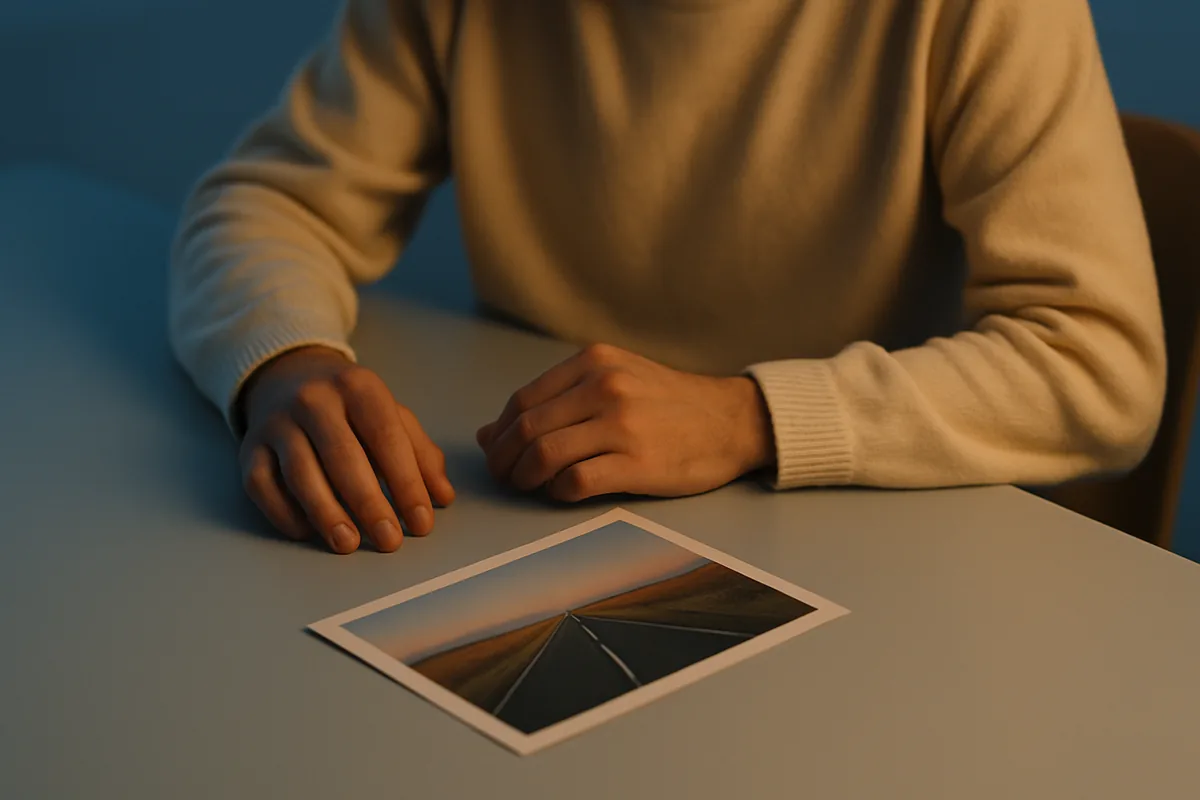 Photographer studying a printed road photo to practice leading lines photography composition