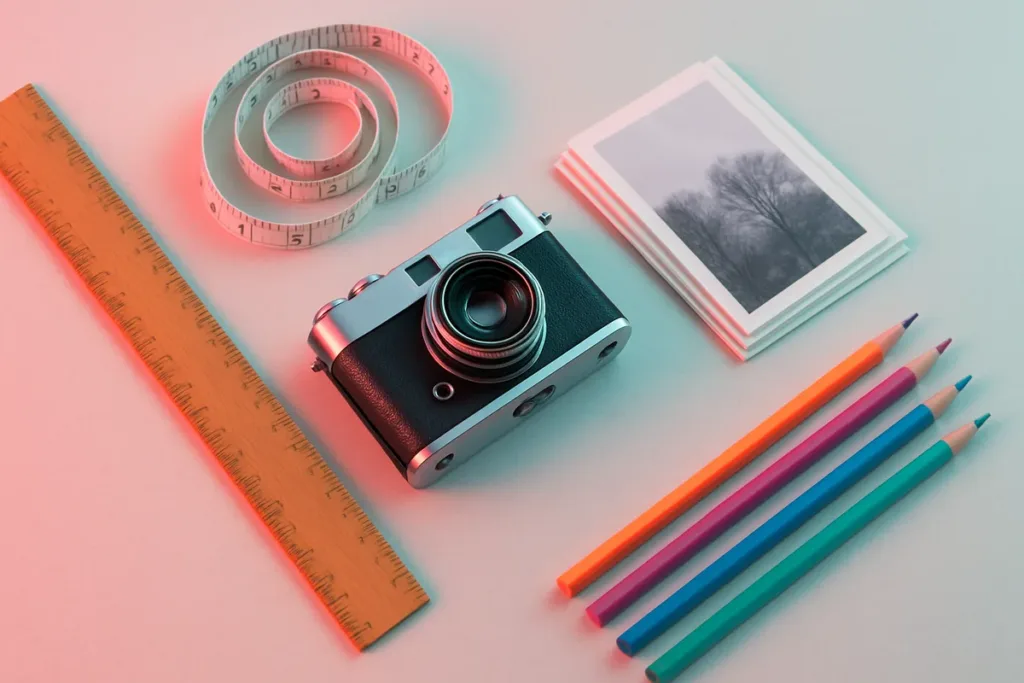 Flat lay of tools symbolizing leading lines photography arranged in converging diagonal pattern