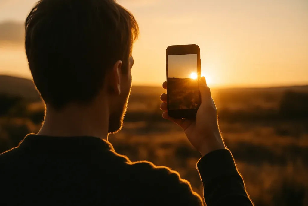 Photographer using mobile photography techniques to capture golden hour light outdoors