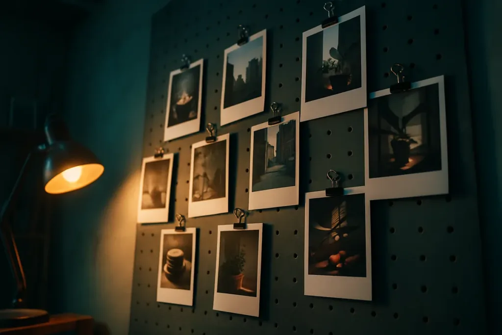 Workshop wall displaying prints from a personal photography project under warm lamp light