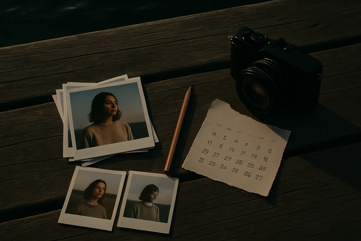 Flat lay of printed photos and a camera representing a 30-day personal photography project