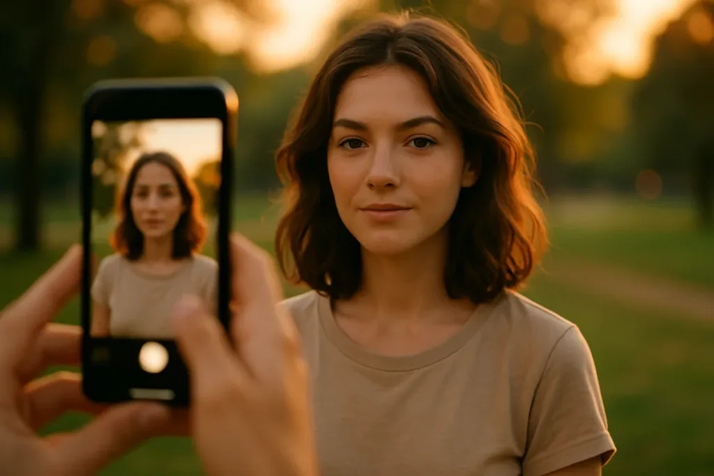Photographer using phone portrait photography techniques to capture a woman in golden hour light