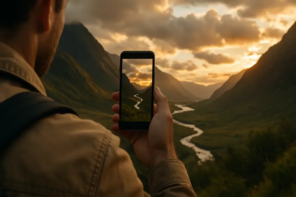 Traveler using phone travel photography to capture a golden hour mountain valley landscape