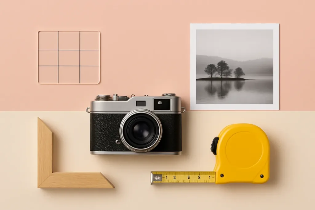 Flat lay of camera and grid tools illustrating photo composition techniques on a pastel surface