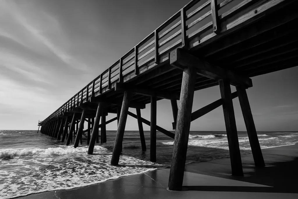 Low-angle black and white beach photo showing photo composition with a pier's leading lines