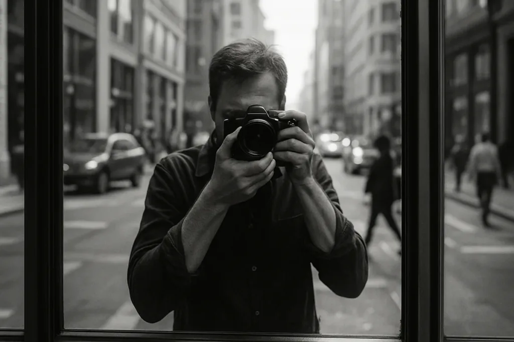 Reflection through a city window showing photo editing for beginners concept with camera and street scene