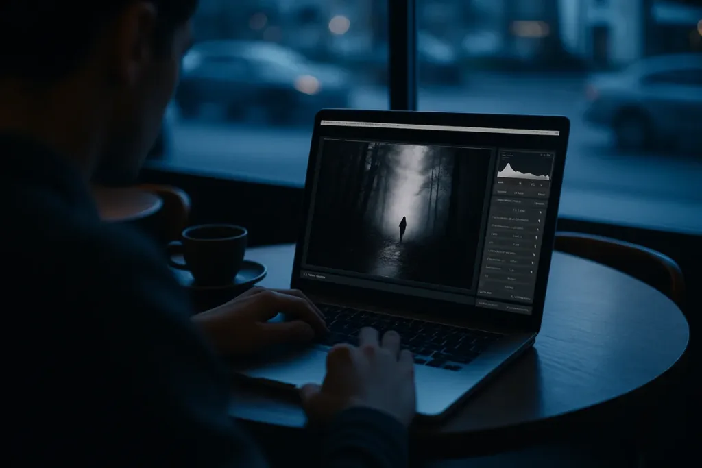 Person doing photo editing for beginners on a laptop at a café during blue hour