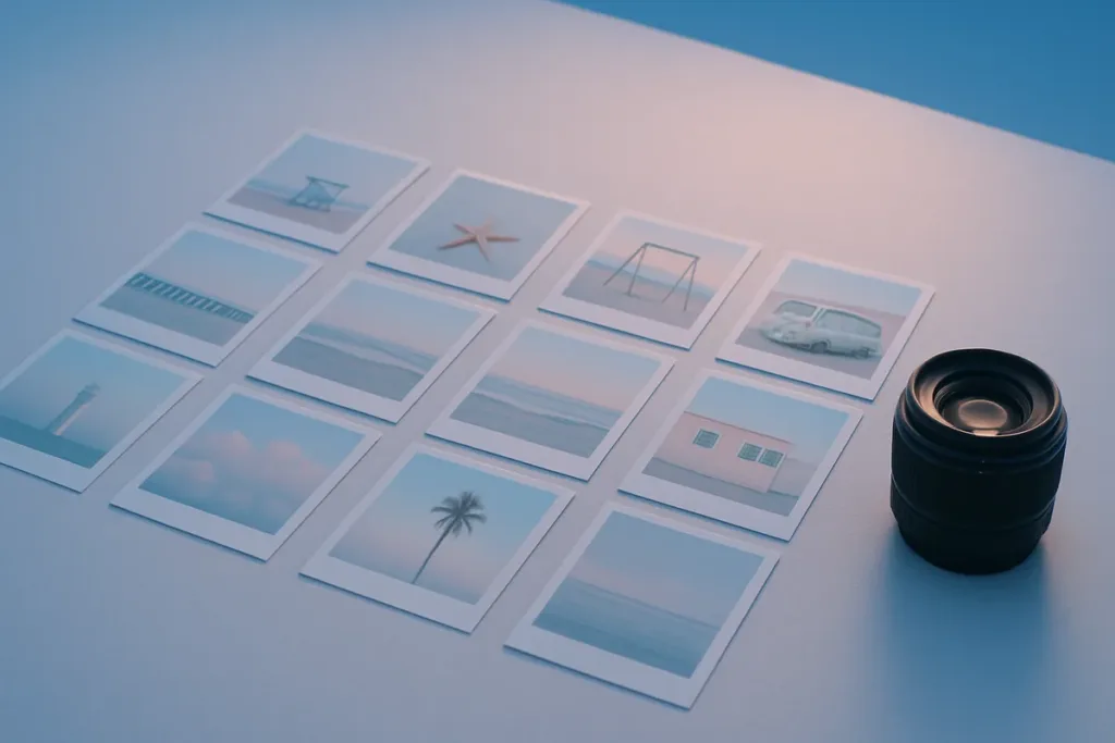Grid of matching printed photos laid out to plan a cohesive photo series