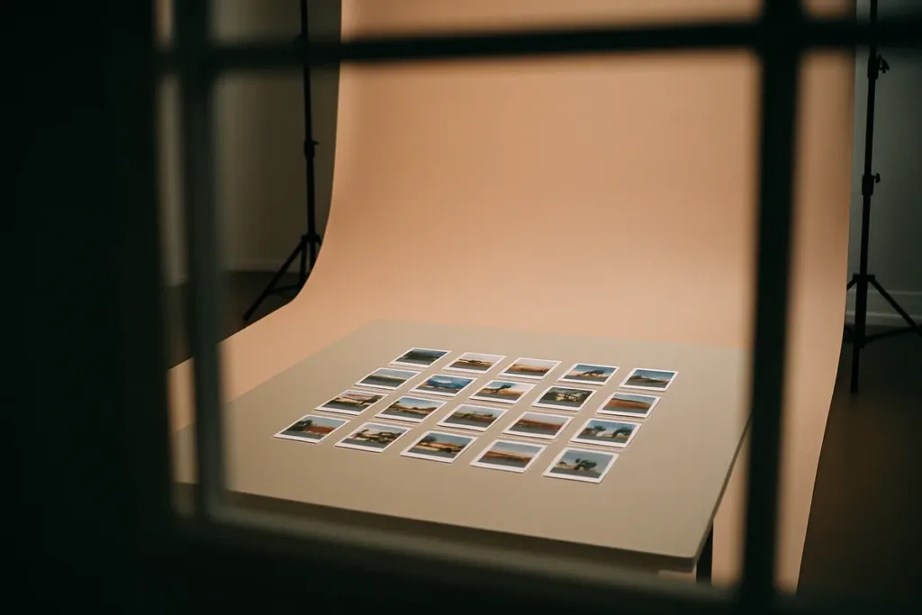 Photography challenge ideas displayed as printed photo grid on a pastel studio tabletop