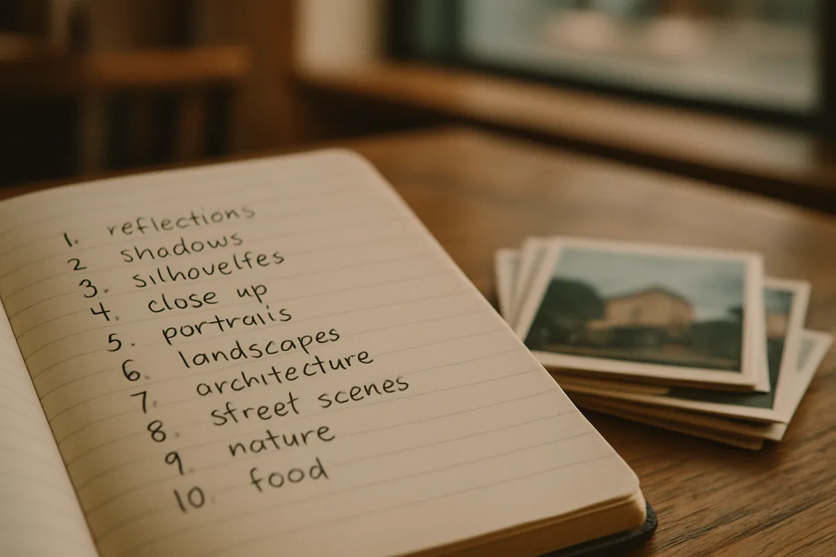 Close-up of a handwritten list of photography challenge ideas on a café notebook page