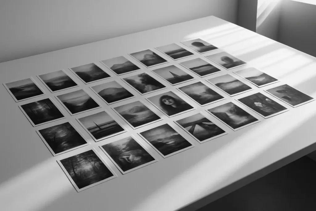 Grid of printed photos on a table representing 30 photography challenges to try