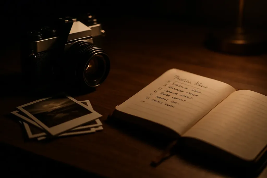 Camera and notebook on a desk representing photography exercises for skill building