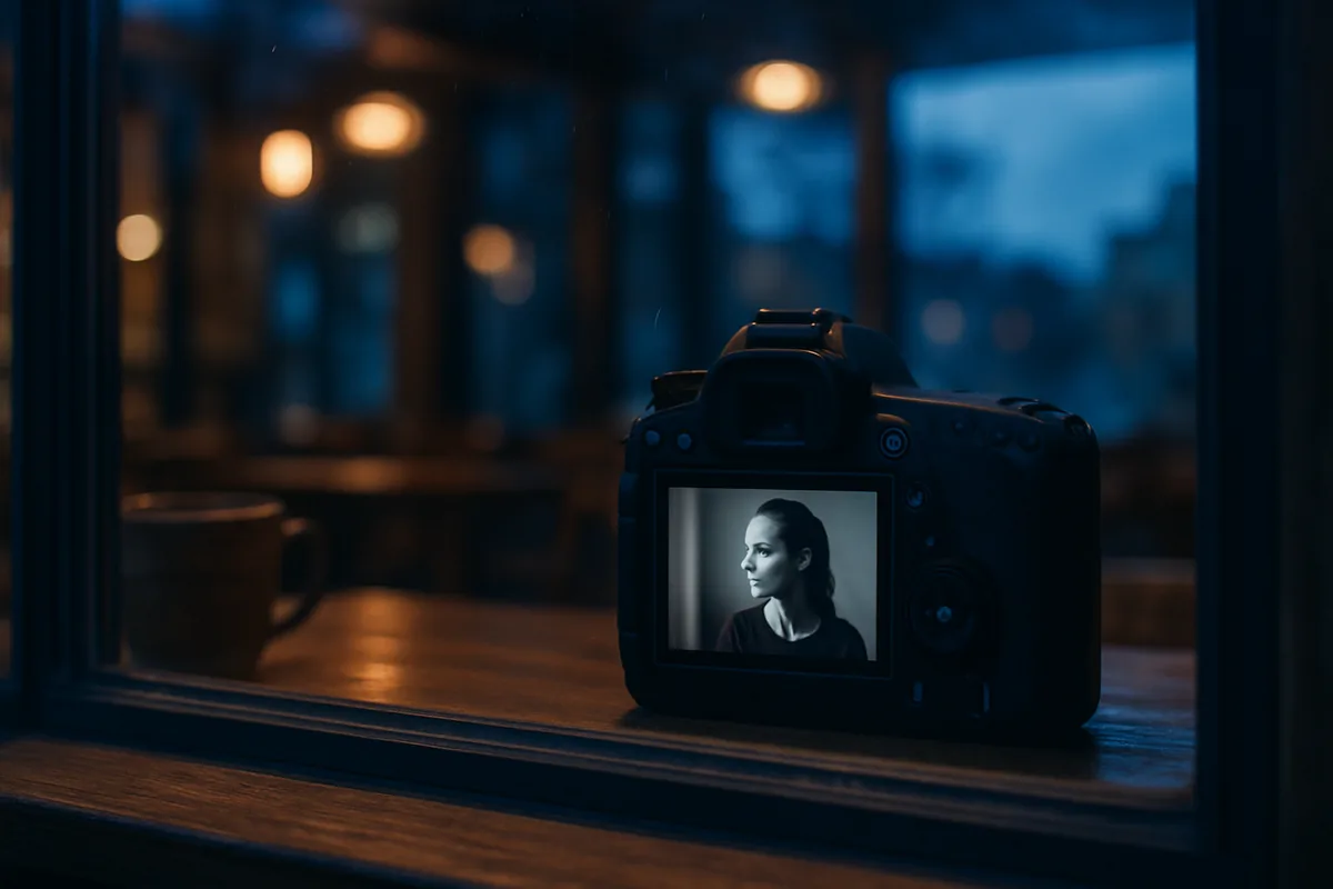Camera screen reflected in a café window showing results from a photography exercises session