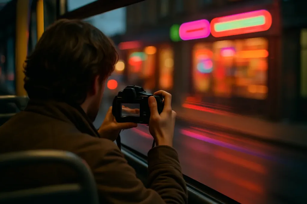 Photographer on a bus finding photography ideas by shooting neon lights through the window