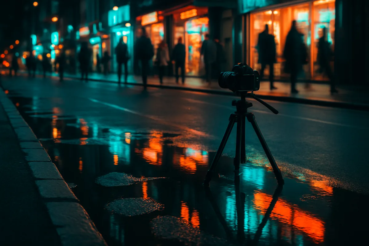 Camera on a tripod capturing puddle reflections, one of many practical photography ideas for city streets
