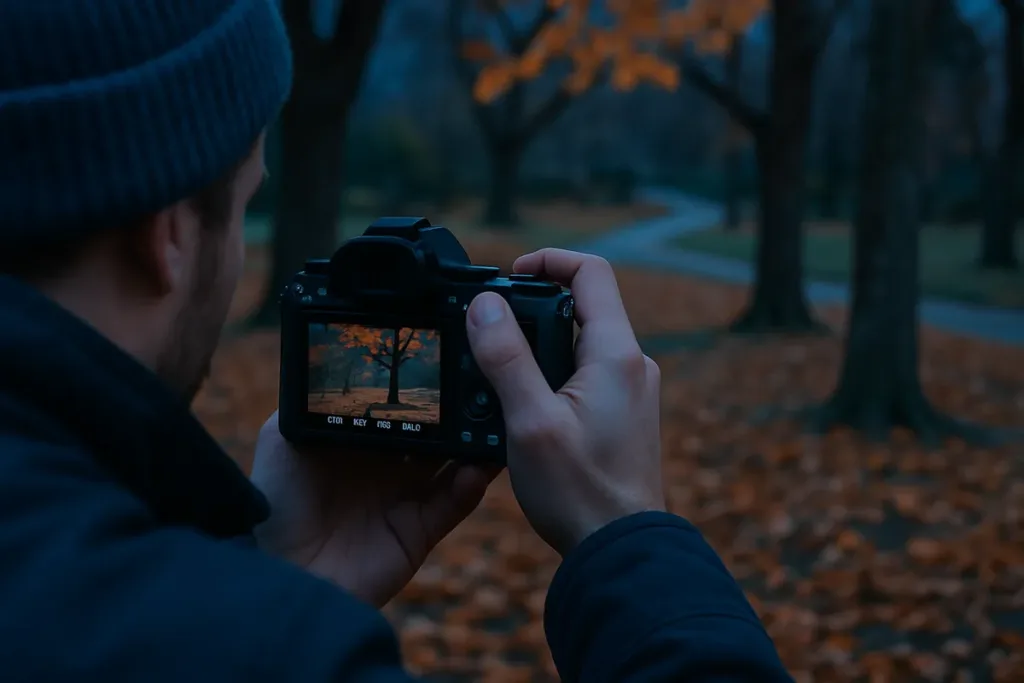 Photographer trying one of many photography project ideas in a park during blue hour