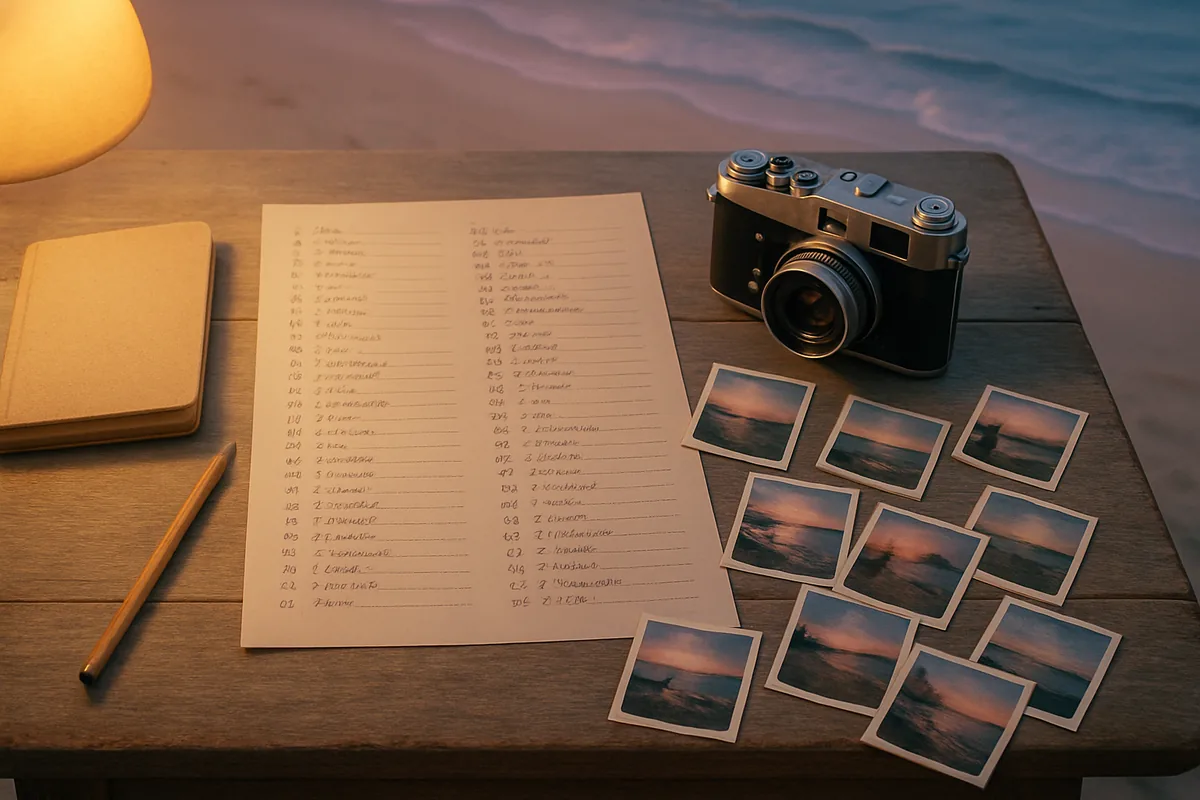Flat lay of a handwritten list of photography project ideas next to a camera and notebook