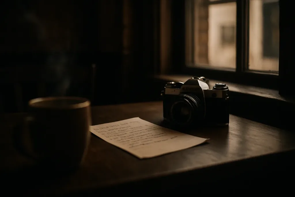 Camera and handwritten photography prompts list on a café table in moody low light