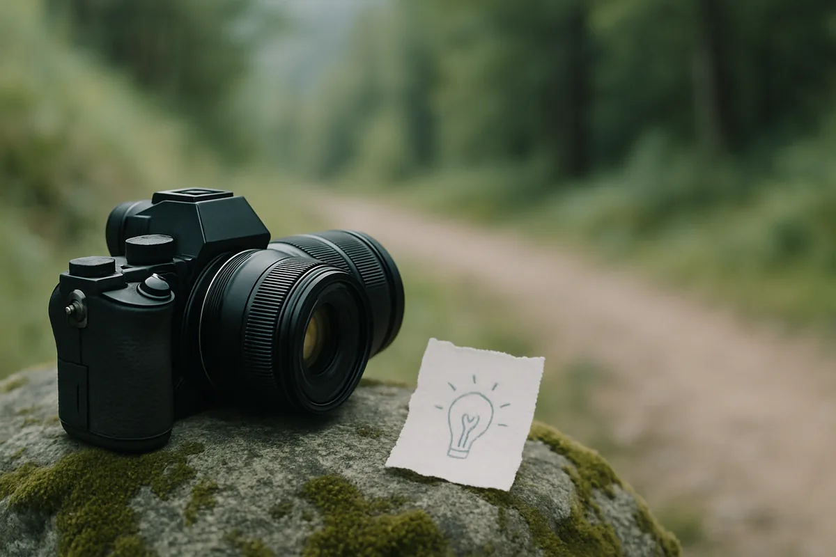 Camera resting on a rock during a photography prompts exercise on a mountain trail
