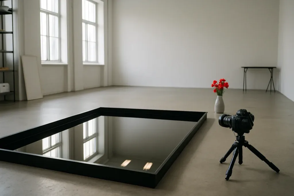 Photographer's workshop setup demonstrating reflection photography with a water tray and low tripod camera