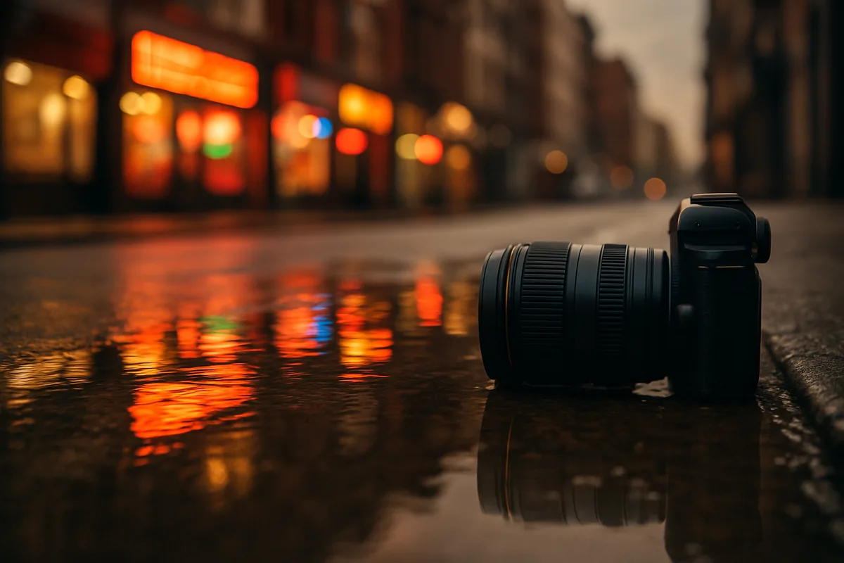 Reflection Photography: Creative Ideas and Techniques Camera lens low to the ground capturing reflection photography of neon signs in a rain-soaked city puddle