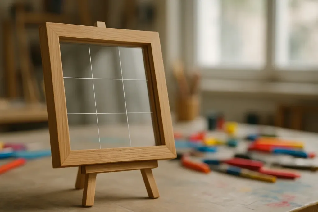 Wooden frame with a 3x3 grid illustrating rule of thirds photography in a bright workshop studio
