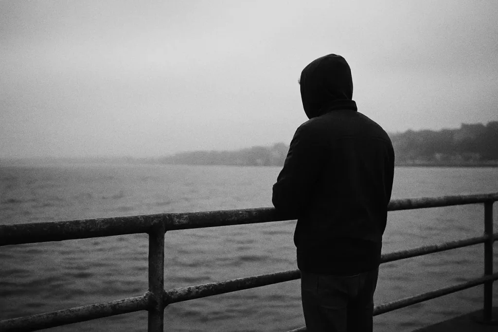 Person standing off-center at a waterfront railing demonstrating rule of thirds photography composition