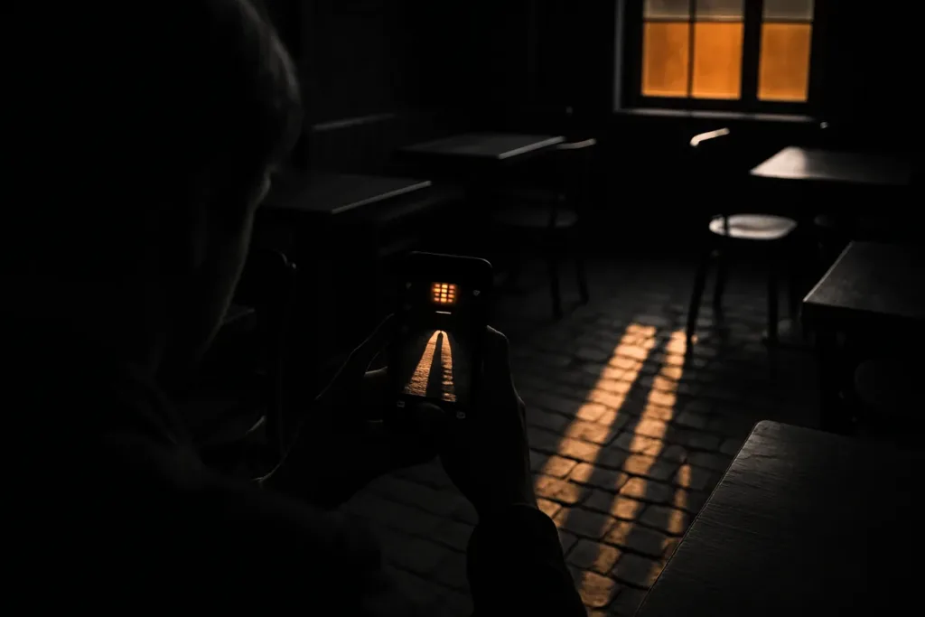 Photographer capturing shadow photography of a long shadow stretching across a café floor