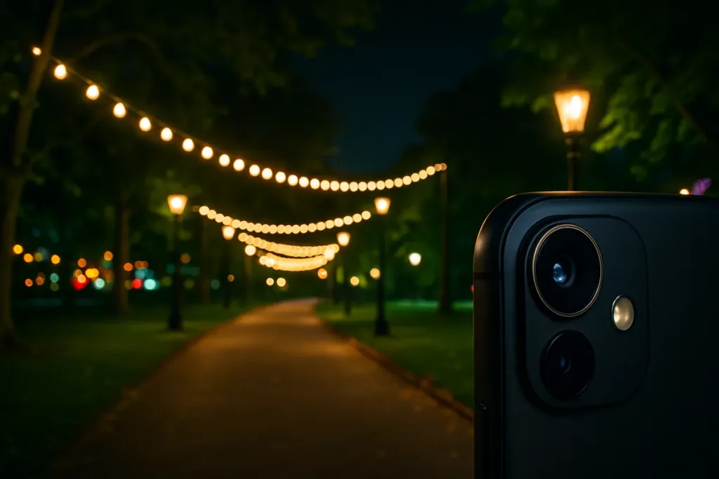 Park at night with glowing lights showing a scene ideal for sharp smartphone photos