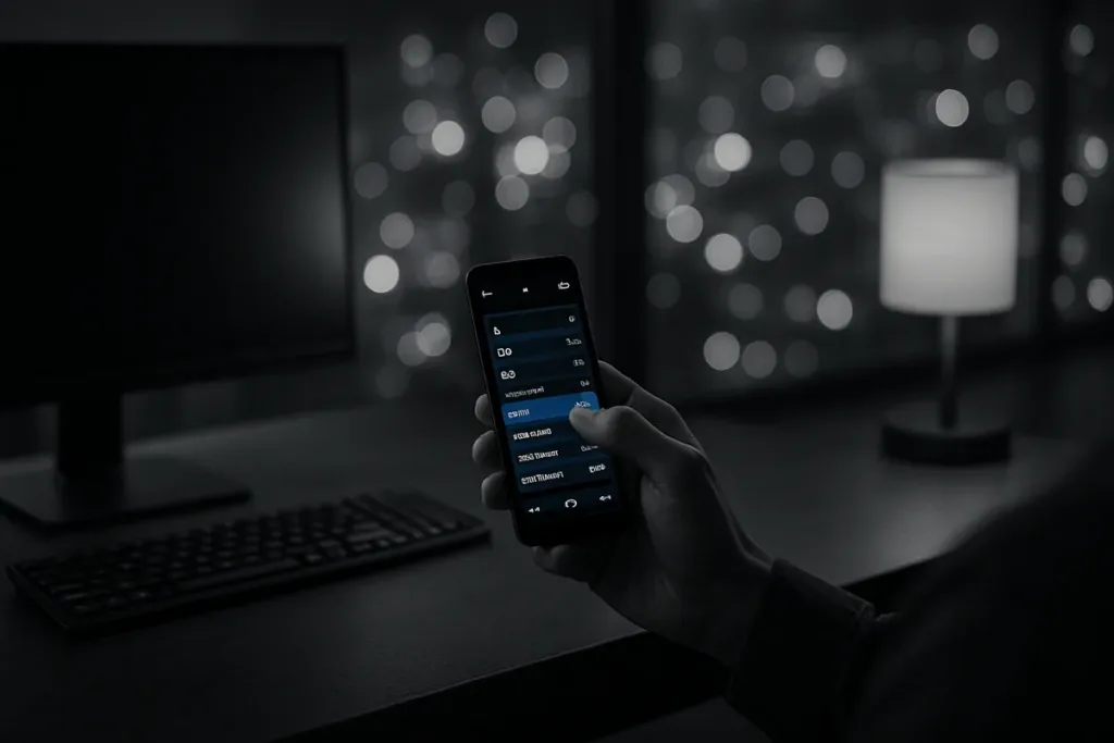 Person adjusting smartphone camera settings at a desk with city lights at night